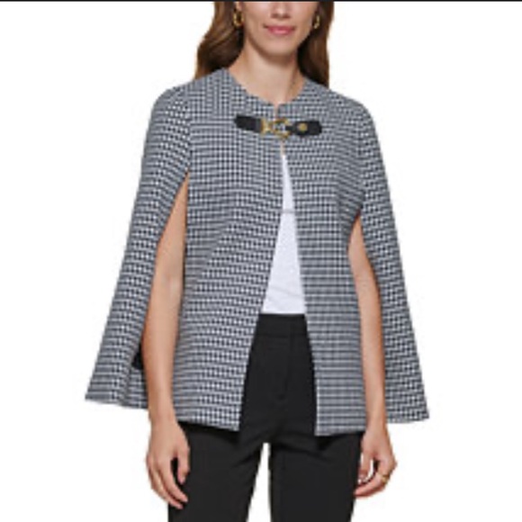 DKNY Women’s Houndstooth Cape-Sleeve Jacket w/Open Front Collarless Detail in XL - Picture 2 of 16
